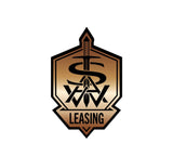 Gold and black emblem for RV rental, featuring a prominent sword, stylized letters, and "LEASING" text.