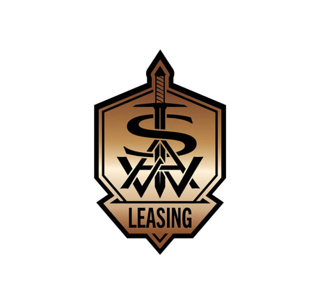 Gold and black emblem for RV rental, featuring a prominent sword, stylized letters, and "LEASING" text.