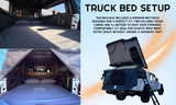 Comfortable truck bed camping setup with mattress & pillows, plus a rooftop tent. Perfect for your next rv rental adventure!
