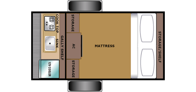  set up with a canopy and picnic table at a wooded campsite.|Detailed RV rental floor plan showing cooktop