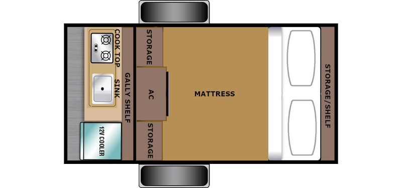  set up with a canopy and picnic table at a wooded campsite.|Detailed RV rental floor plan showing cooktop — photo 1