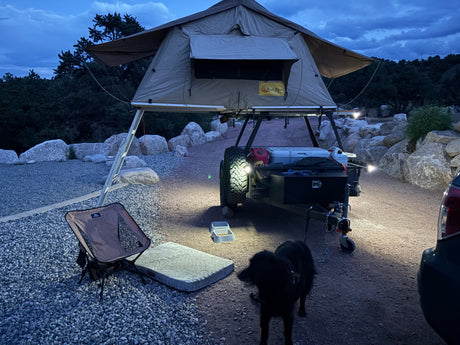 A rooftop tent on a trailer is set up for camping at dusk, with a dog, chair & bowls illuminated. A great option for an RV rental adventure!
