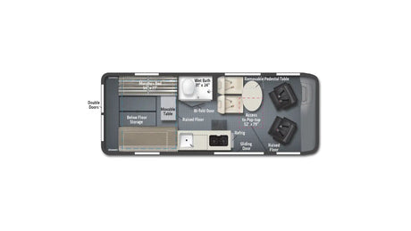 RV rental camper van floor plan showing interior layout: bed, wet bath, kitchen, and flexible seating areas.