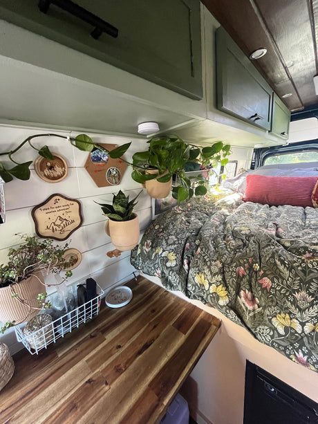 Cozy RV rental interior: abundant plants, a floral bed, wood counter & personal decor.