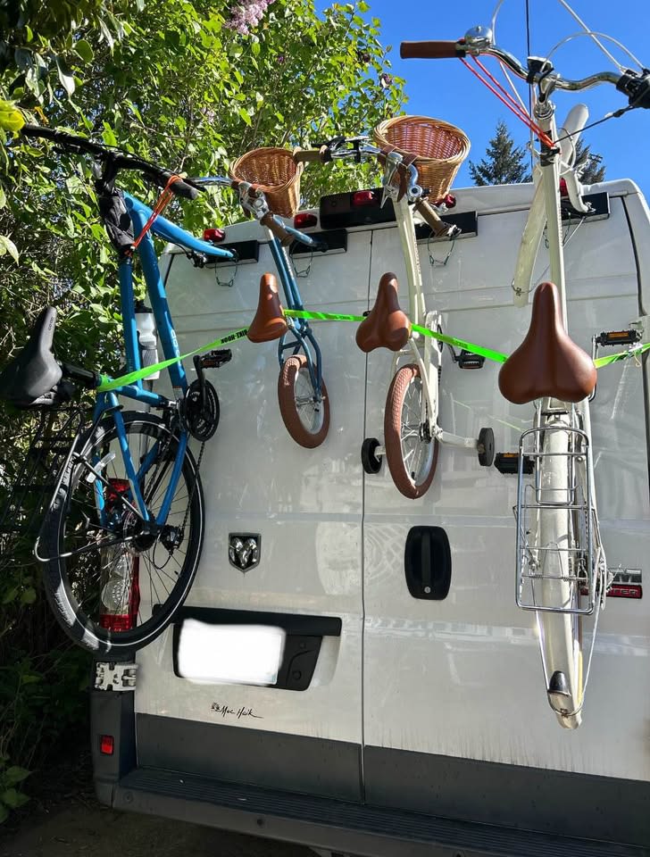  parked among tall trees in a sunny outdoor setting.|Interior of an RV rental camper van — photo 6