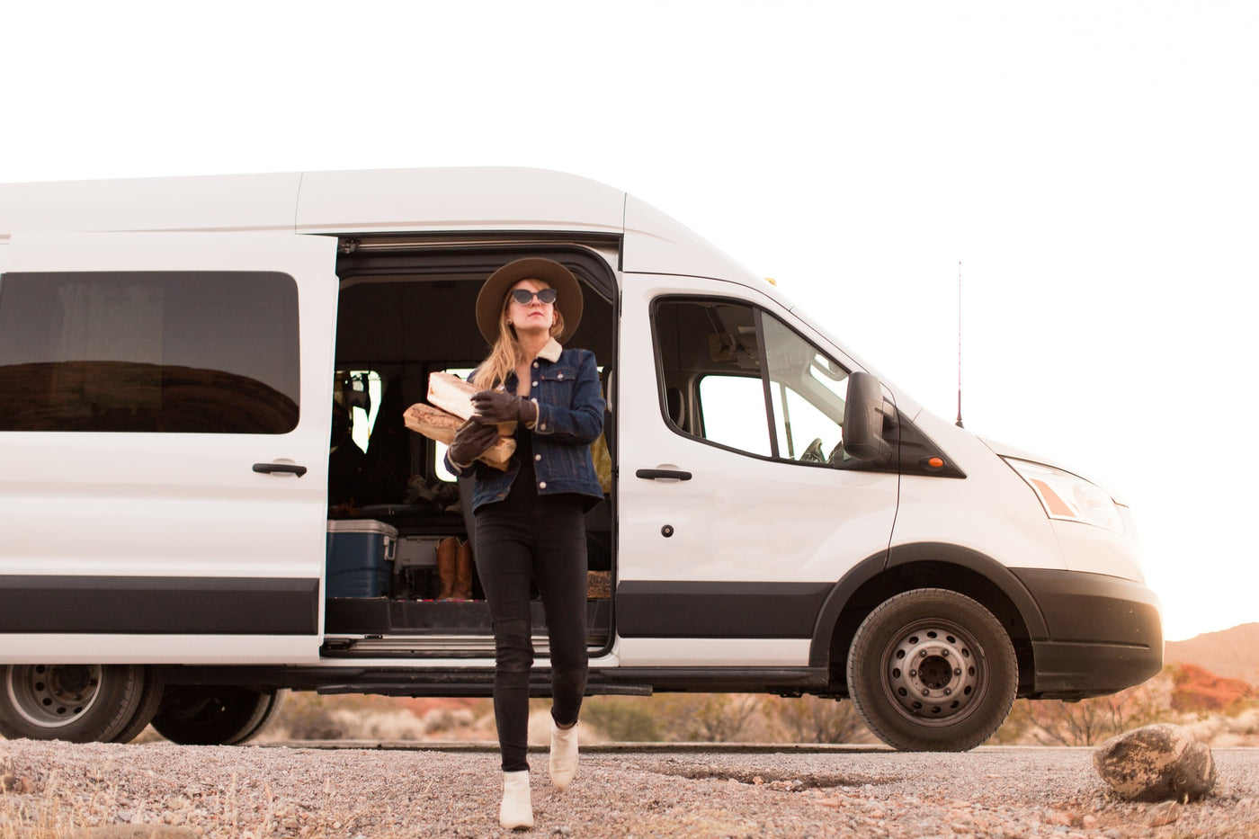  sunny desert landscape.|A woman exits a white **RV rental** van with firewood — photo 3