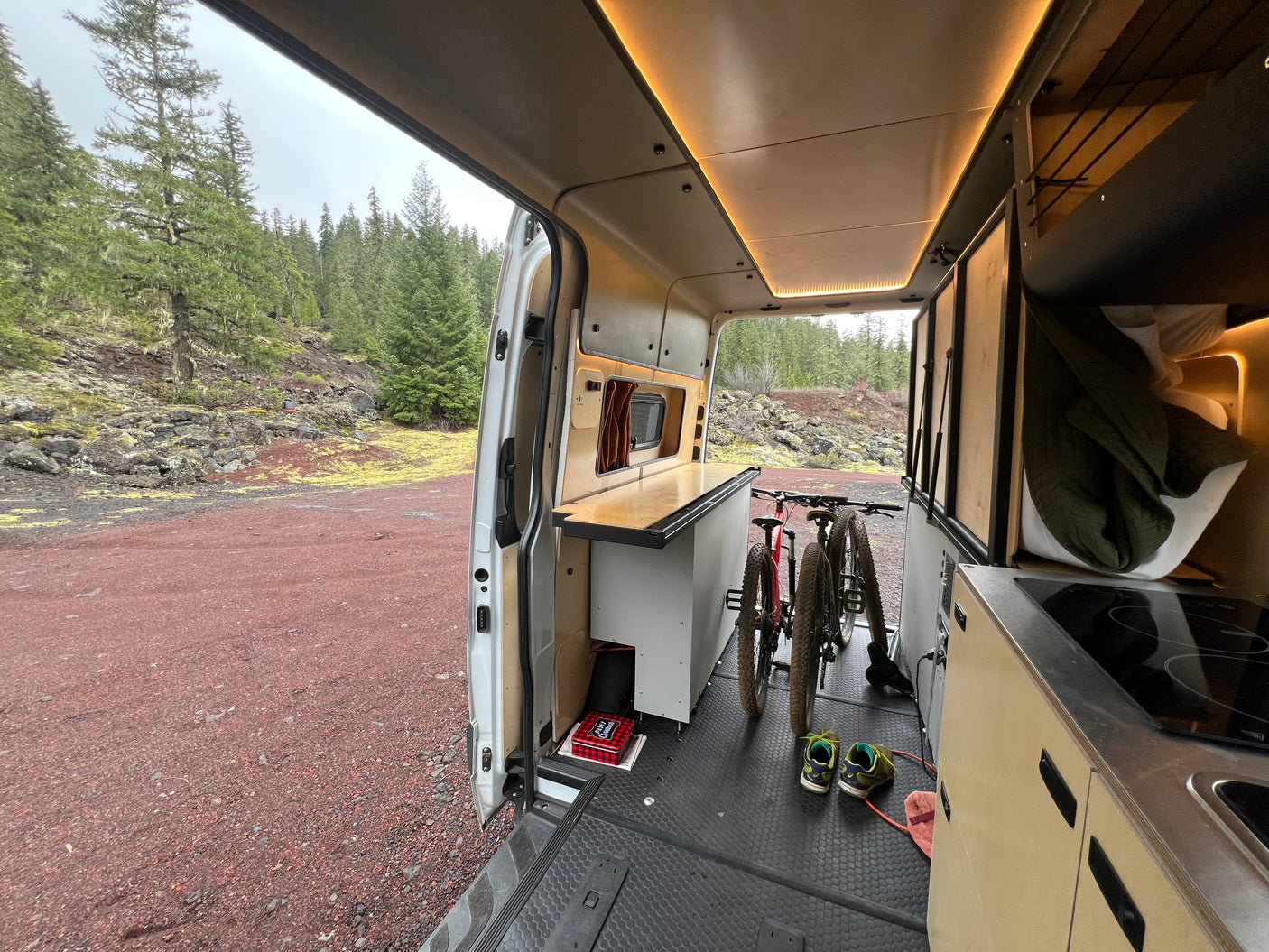 RV rental interior: two mountain bikes stored in a custom camper van, rear doors open to a pine forest and red earth.