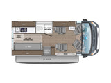 An RV rental's top-down floor plan reveals its compact, functional living space with a wet bath and convertible sofa.
