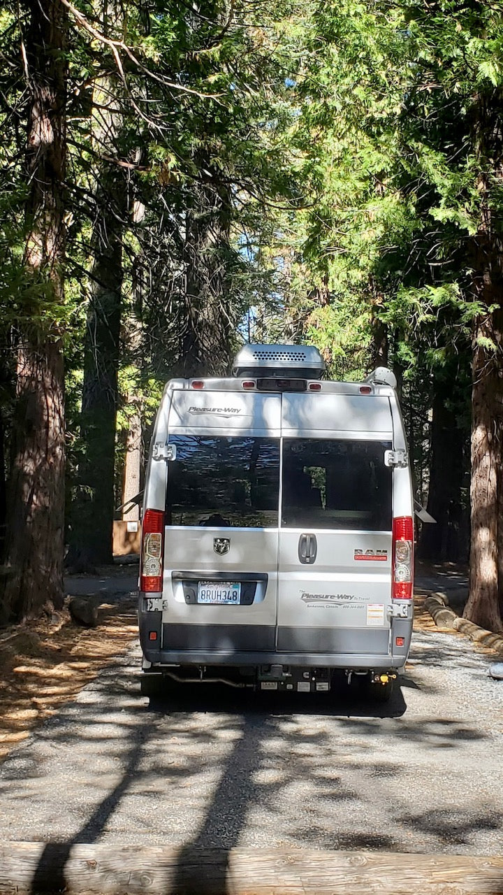 A grey Pleasure-Way camper van parked in a sunny forest. An ideal rv rental for nature adventures.