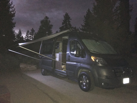 Night shot of an RV rental with its awning extended, parked in a forest. A dog with glowing eyes peeks from the open side door.