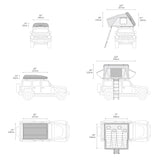 Detailed dimensions for an iKamper rooftop tent, showcasing its compact travel mode and extended living space for camping. Perfect for an rv rental.