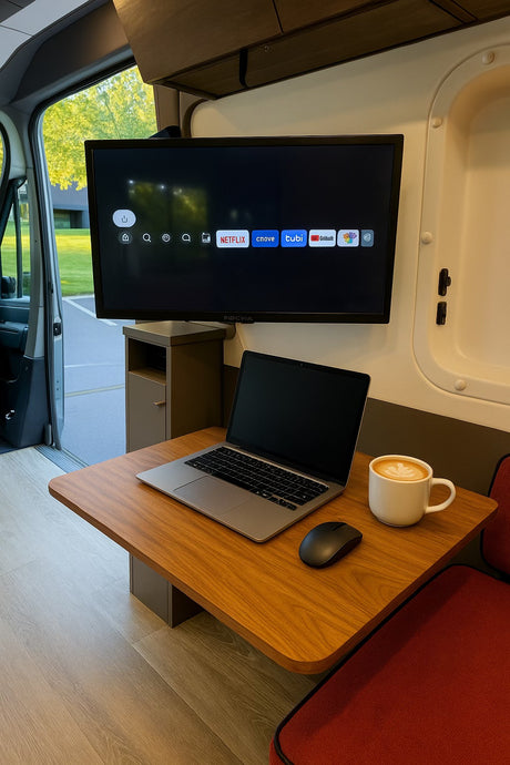 Inside a modern RV rental: a flexible mobile office with a laptop, streaming TV, and a warm coffee. Perfect for work or leisure!