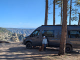 An rv rental camper van with a person and their dog parked at a breathtaking canyon viewpoint, surrounded by pine trees.