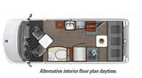 RV rental: Overhead floor plan for an RV interior, showing kitchen, bath, cab, and rear lounge area in daytime setup.