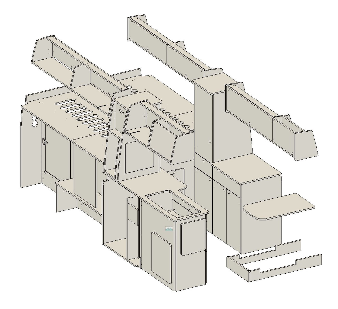 Exploded view of a light-colored modular interior kit designed for an RV rental, featuring a sink, storage, and overhead shelves.