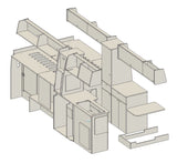Exploded view of a light-colored modular interior kit designed for an RV rental, featuring a sink, storage, and overhead shelves.