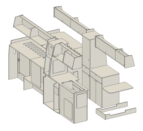 Exploded view of a light-colored modular interior kit designed for an RV rental, featuring a sink, storage, and overhead shelves.