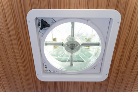 Ceiling-mounted MaxxAir fan in an rv rental, providing essential air circulation and ventilation.