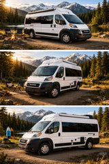 White Sequence camper van (rv rental) for mountain lake camping & outdoor adventures. Firepit, paddleboards nearby.