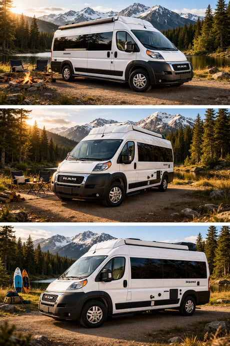 White Sequence camper van (rv rental) for mountain lake camping & outdoor adventures. Firepit, paddleboards nearby.