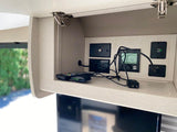 RV rental tech zone: Open cabinet with Wi-Fi guard, USB, HDMI ports, outlets, and controls for devices and onboard entertainment.