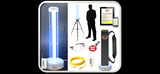 UVC sanitization kit for RV rental: lamp, tripod, remote, safety gear, dose chart for effective disinfection.