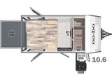 Detailed floor plan of a compact 'nobo' RV rental, showing a ramp door, bed area, storage, and an external kitchen.