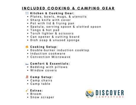 Discover Campervans RV rental: Included kitchen, cooking & camp gear amenities list.