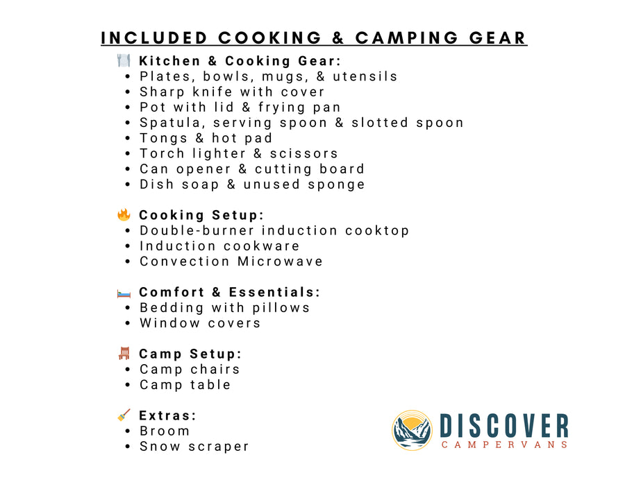 Discover Campervans RV rental: Included kitchen, cooking & camp gear amenities list.