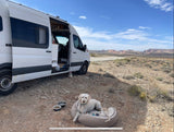 White RV rental parked in a vast, rocky desert with a happy white dog lounging on its bed beside it.