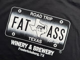 Black t-shirt: "ROAD TRIP FAT ASS TEXAS" license plate graphic, featuring donkeys & "Winery & Brewery Fredericksburg, TX". Great for an RV rental adventure!