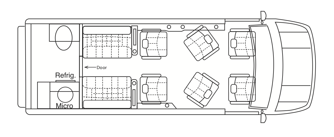 This RV rental floor plan showcases a camper van's interior with driver/passenger seats, rear beds, and a kitchen (fridge, micro). — photo 11