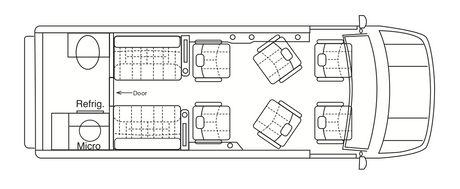 This RV rental floor plan showcases a camper van's interior with driver/passenger seats, rear beds, and a kitchen (fridge, micro).