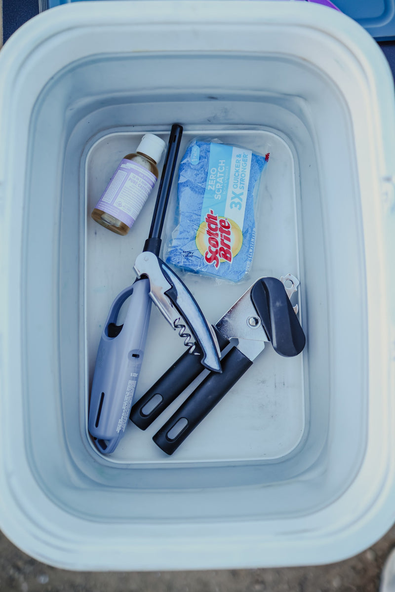 RV rental camping essentials: Dr. Bronner's soap, Scotch-Brite sponges, lighter, corkscrew, and can opener in a bin. — photo 15