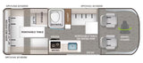 RV rental campervan floor plan: Features sofa bed (74"x71"), kitchen, shower, and swivel chairs. See interior layout.