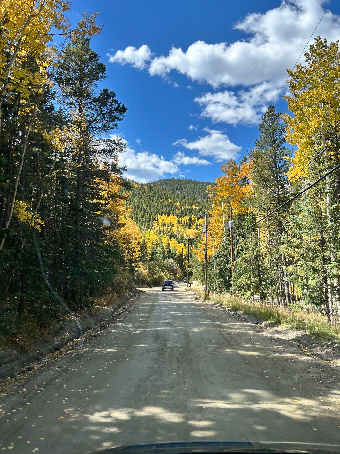 Experience stunning autumn colors on a mountain dirt road, perfect for an RV rental getaway.