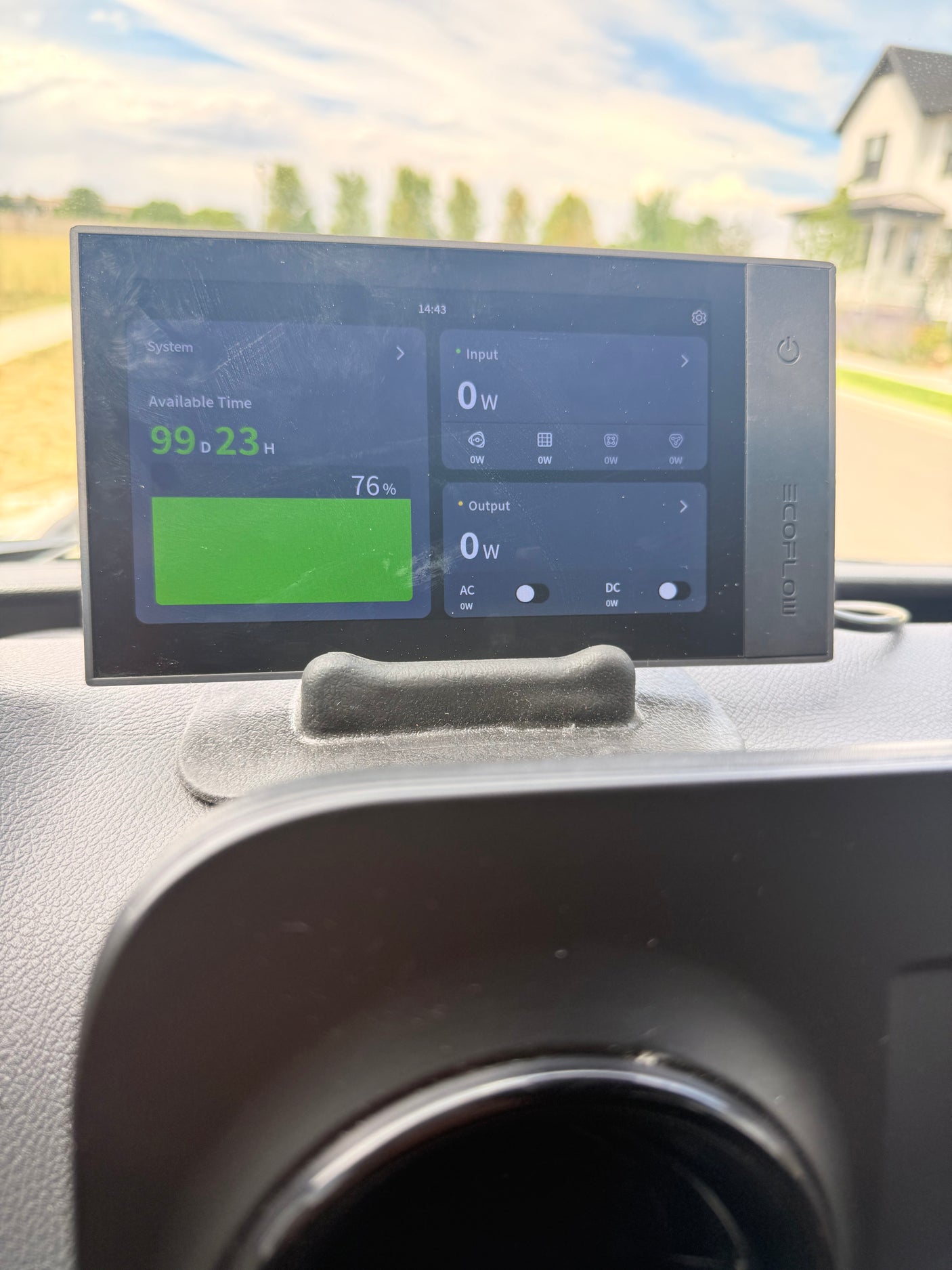 EcoFlow power station monitor in an rv rental, showing 76% battery, 99D 23H available time, 0W input/output.