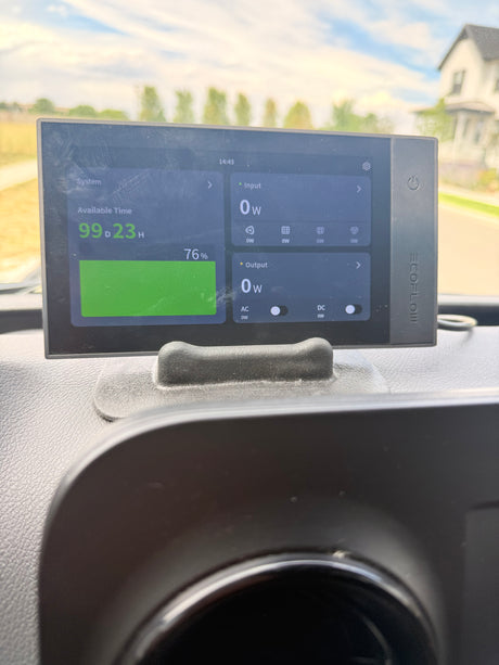 EcoFlow power station monitor in an rv rental, showing 76% battery, 99D 23H available time, 0W input/output.