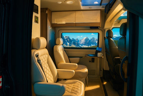 Cozy RV rental interior with comfortable seats and a stunning mountain view. A laptop and mug sit by the window.