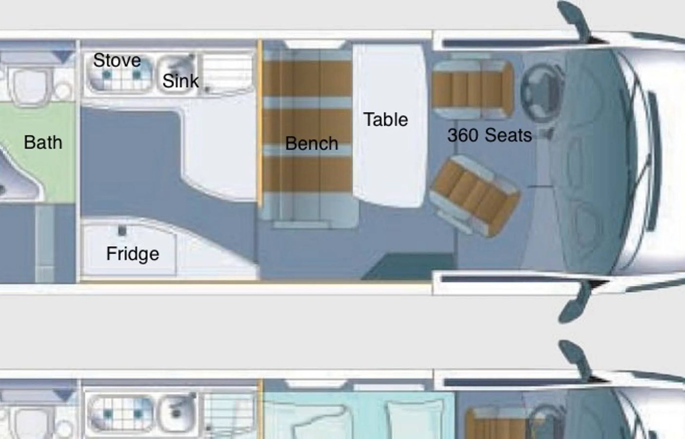 RV rental floor plan showing bath, kitchen (stove, sink, fridge), dining area (bench, table), and swivel front seats.