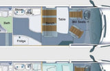 RV rental floor plan showing bath, kitchen (stove, sink, fridge), dining area (bench, table), and swivel front seats.