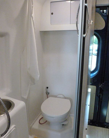 Compact RV rental bathroom: a white toilet, sink with shower sprayer, and curtain maximize space.