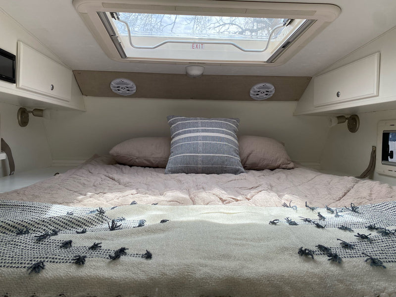  and an overhead exit skylight.|Modern RV rental kitchen with Dometic microwave — photo 7