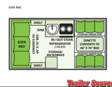 RV rental floor plan: 60"x76" sofa bed, 46"x76" dinette bed, kitchen area with sink/stove, and storage.