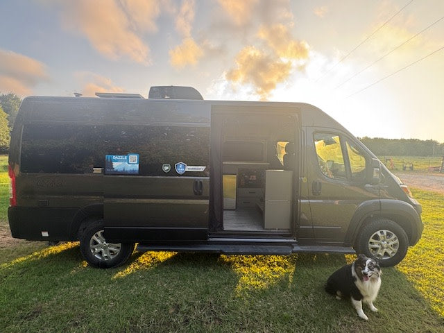  parked on grass bathed in golden hour sunlight.|Rear view of a gray Dazzle Thor camper van