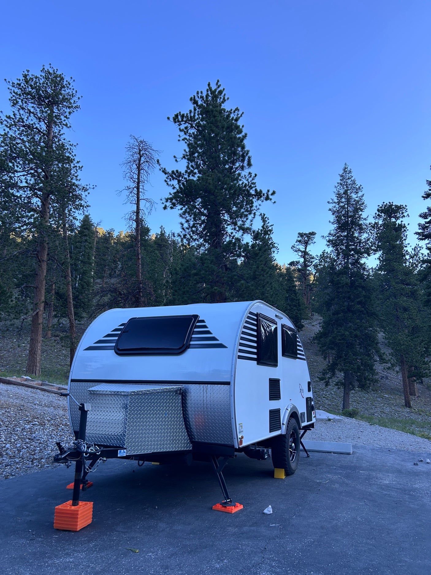 This teardrop RV rental, a compact camper, is set up for a serene camping trip among tall pine trees under a clear sky.