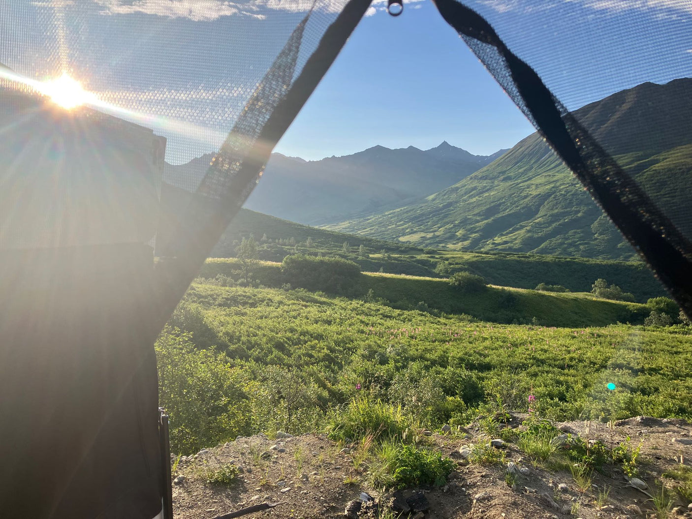 Greet the day from your RV rental! A sun-drenched mountain valley through a mesh window. Perfect nature escape.
