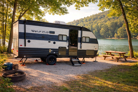 Enjoy nature with this Wolf Pup RV rental parked lakeside, featuring a picnic table & fire pit amidst lush trees.