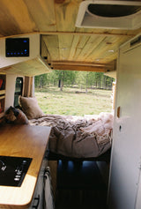 Experience van life: a cozy RV rental interior with a bed facing a lush green forest, ideal for outdoor travel.