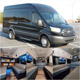 A black Ford Transit custom van shown outside & inside. Ideal for rv rental, travel, or events, featuring a luxurious interior.
